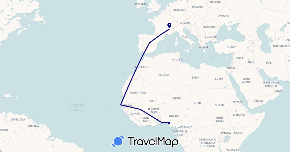 TravelMap itinerary: driving in Benin, Spain, France, Mali, Nigeria, Senegal (Africa, Europe)
